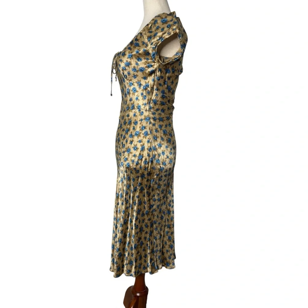 SOLD Vintage Betsey Johnson Satin Rose Print Milkmaid Midi Dress - Picture 8 of 12